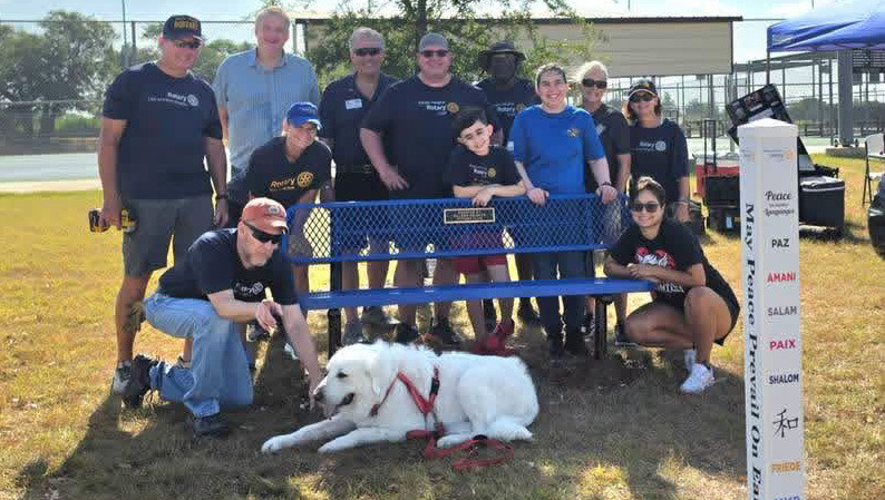 Members of the Killeen Rotary Club pose with Gatesville ISD Superintendent Dr. Barrett Pollard after installing a Peace Pole on campus grounds on Saturday, Aug. 15. Courtesy photo