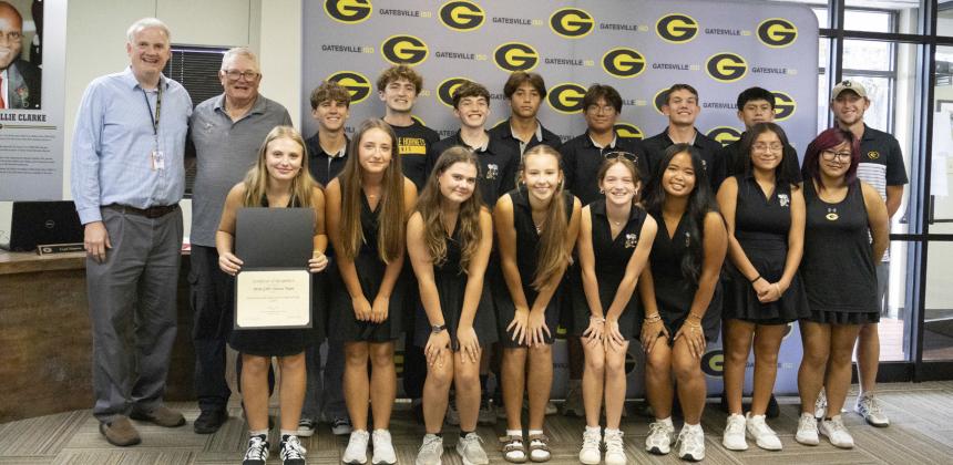 Back Row: Superintendent Dr. Barrett Pollard, Coach Wendell Jones, Rogan Smith, Colin Rainer, Quinton Ivy, Elijah Tyson, Ryan Connolly, Bryson Stevens, Donnovan Herrera, Coach Alex Scott. Front Row: Riley Butler, Paislee Moseley, Lexi Bryant, Olivia Potts, Annabelle Lea, Jillianna Kim, Miriam Hernandez, Abigail Shaw. The Gatesville Messenger | Ally Hinkle