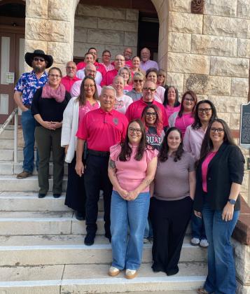County employees gather on the courthouse steps wearing pink to show their support for Breast Cancer Awareness. The Gatesville Messenger | David Scott