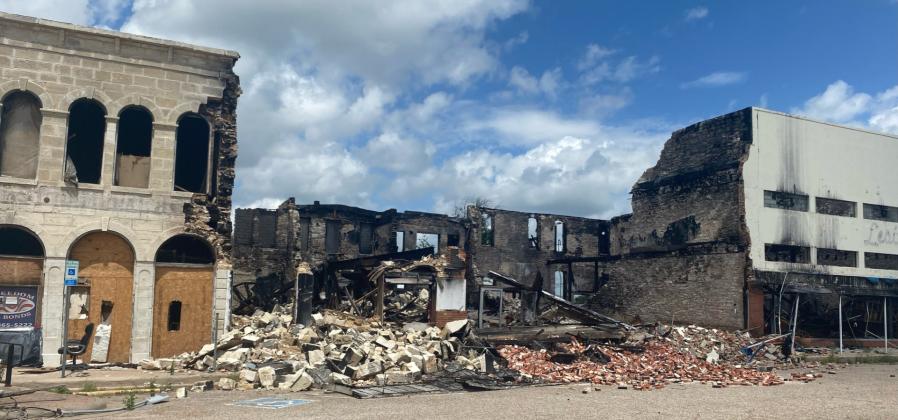 The demolition on the burned-out buildings on the courthouse square will begin soon. THE GATESVILLE MESSENGER/David Scott