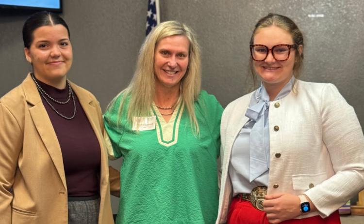 Graduated senior Luoretta Roehrig, 4-H Coordinator Becky Coward and graduated senior Kinsley McPherson pose during the Exchange Club meeting on Thursday, May 28. Courtesy photo